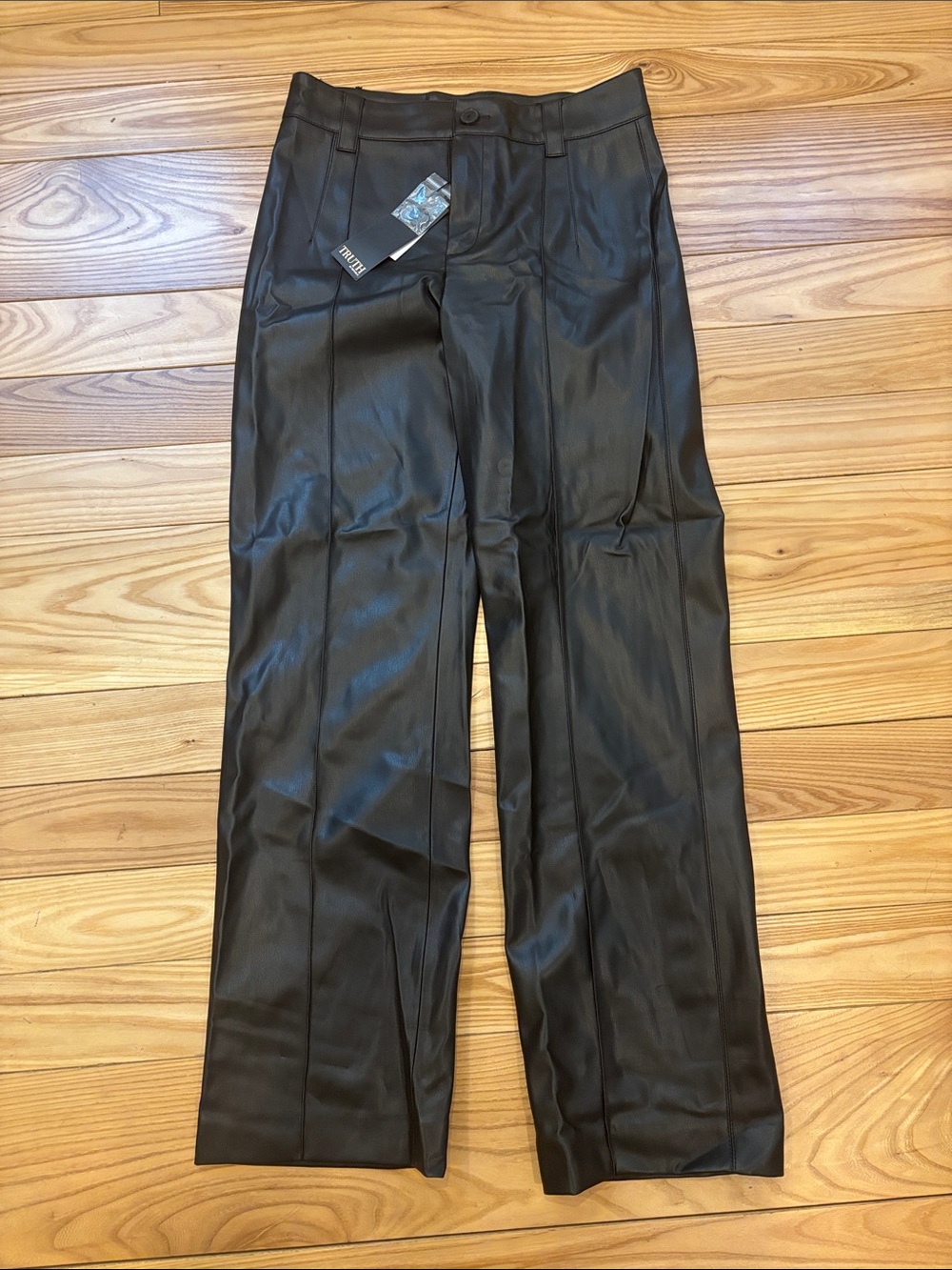 Black Faux Leather Straight-Leg Dress Pants